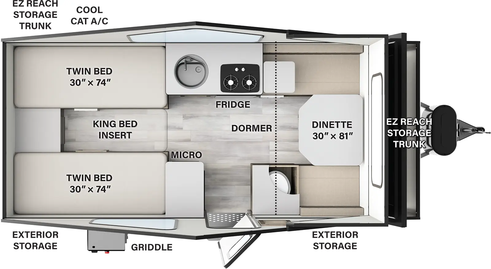 The A213HW has no slide outs and one entry door. Exterior features include a griddle on the door side, EZ reach storage trunk, Cool Cat A/C, and exterior storage. Interior layout from front to back: front dormer containing a dinette; mid area has a door side toilet, entry door and cabinet with microwave, and off-door side kitchen area with a refrigerator, sink, and cooktop; rear twin beds with a king bed insert.